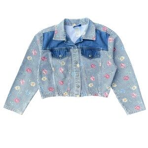 Women's Vintage 90s Denim and Gingham Jacket with Floral Accents